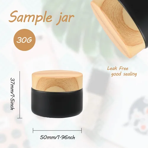 Vista 4 de 12 tarros de crema esmerilada de 1 onza, recipiente de vidrio recargable vacío para cosméticos con forro interior, tapa de grano de madera
