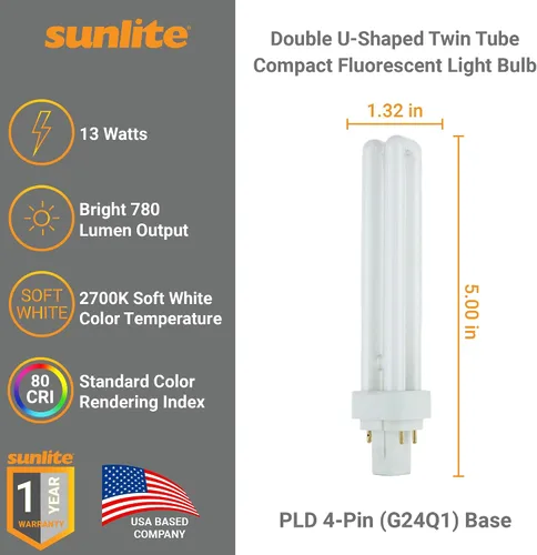 Vista 2 de Sunlite foco de luz fluorescente de 4 pines para enchufar, compacto, de 13 W., PLD13/E/SP27K/10PK, 13watts 2-2700K - Blanco cálido