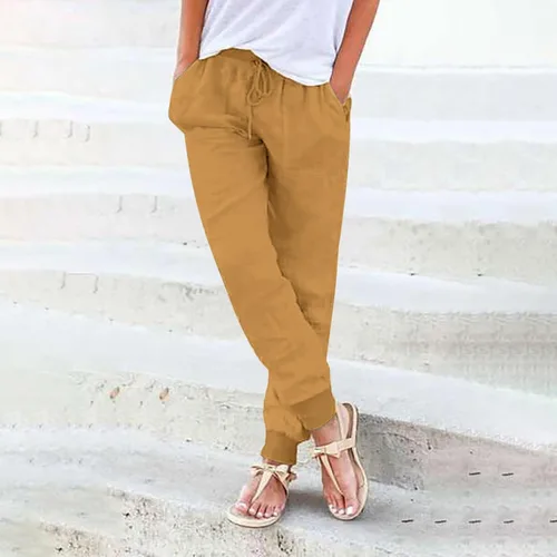 Vista 2 de DGZTWLL Pantalones de lino para mujer, de verano, talla pequeña, talla grande, cintura alta, cónicos, casuales, pantalones deportivos de yoga