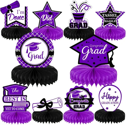 Vista 9 de 10 piezas de decoraciones de fiesta de graduación 2026 Felicidades graduados de panal de abeja centros de mesa de felicitaciones para fiesta