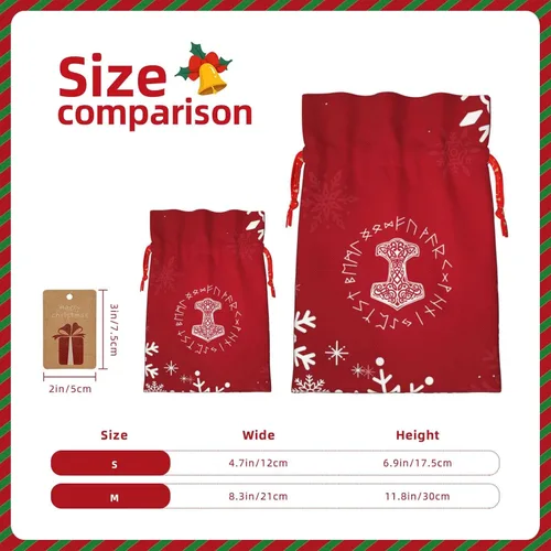 Vista 4 de Mjolnir And Rune Wheel Norse Mythology Symbol Christmas Drawstring Bag Gift Bag, Red Storage Bag, Christmas Gift Bags, Christmas Fabric Bags