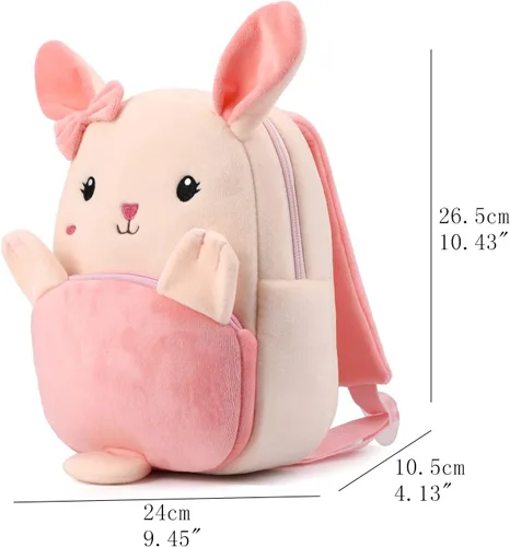 Vista 5 de Mochila pequeña para niños y niñas, linda mochila pequeña de dibujos animados de animales de felpa suave para niños de 2 a 6 años, Bunny-h Rosa