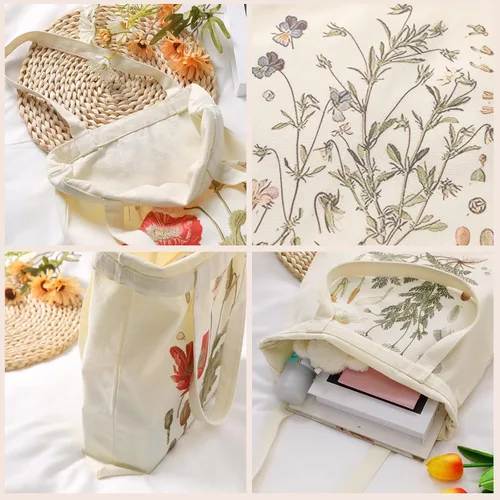 Vista 5 de Bolsa de lona floral de 4 piezas para mujeres, regalos de club de lectura, bonitas bolsas de lona estéticas a granel con flores reutilizables