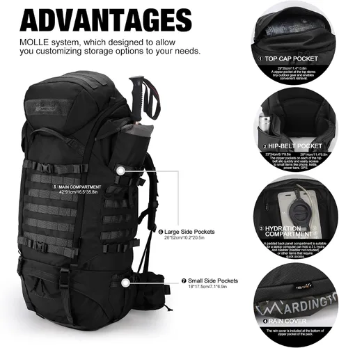 Vista 3 de Mardingtop Mochila de senderismo con marco interno de 90L Negro