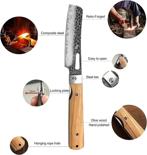 Vista 4 de SENBON Cuchillo de chef plegable de bolsillo súper afilado 440A forjado, cuchillo práctico, cuchillo de fruta, mango de oliva natural, para acampar