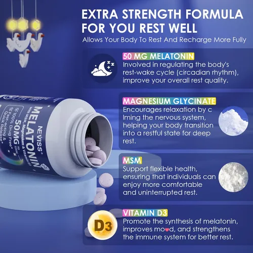 Vista 4 de NEVISS Melatonina 50 mg para Adultos - Fuerza Extra 9-en-1 de Disolución Rápida Sublingual - Dosis Alta con Glicinato de Magnesio, Vitamina D3