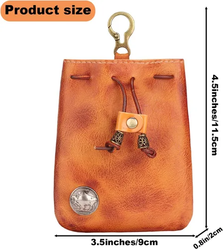 Vista 2 de Monedero medieval de piel auténtica, organizador de monedas, soporte para cambios, bolsa pequeña de cuero con cordón para hombres y mujeres, Marrón