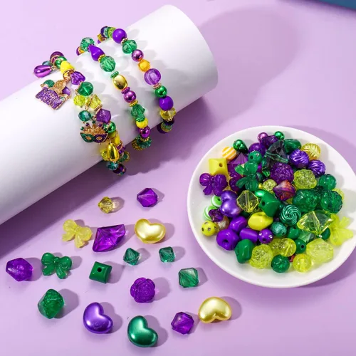 Vista 2 de 2300 cuentas de Mardi Gras para hacer joyas, cuentas de arcilla polimérica doradas, moradas y verdes, cuentas de perlas de cristal acrílico