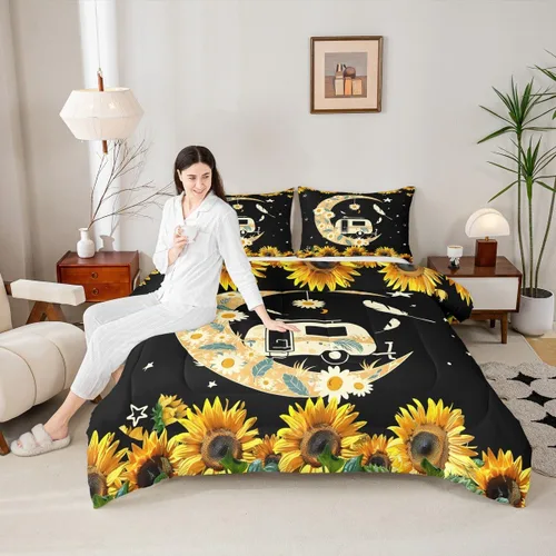 Vista 22 de Juego de ropa de cama con temática de cámper, juego de edredón de cabaña de madera marrón y verde, tamaño matrimonial, 3 piezas, decoración de Multi