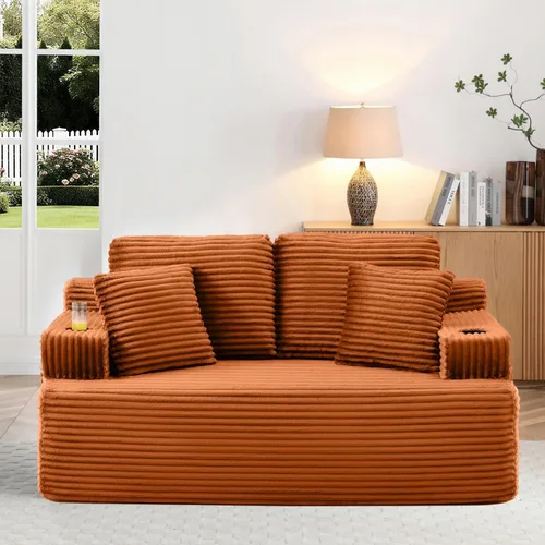 Vista 37 de Sofá sin hueso de 66.5 pulgadas con portavasos y bolsillos laterales, sofá biplaza tapizado de tela de pana moderna con 2 almohadas para sala