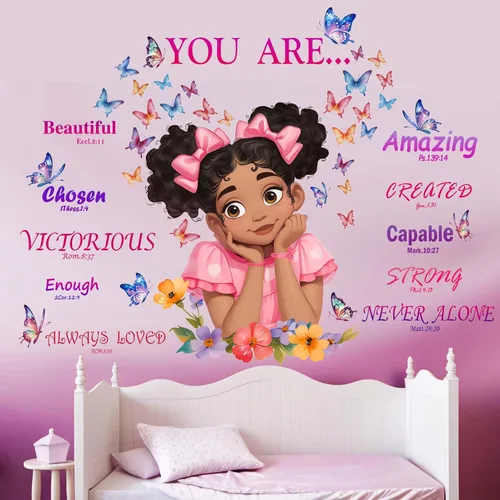 Vista 3 de Adhesivos de pared para dormitorio para niñas negras: calcomanías africanas americanas de mariposa inspiradoras de pelar y pegar - decoración