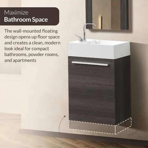 Vista 5 de Blossom Tocador de baño pequeño de 18 pulgadas con fregadero, gabinete flotante de madera maciza, resistente a la humedad, fregadero de profundidad