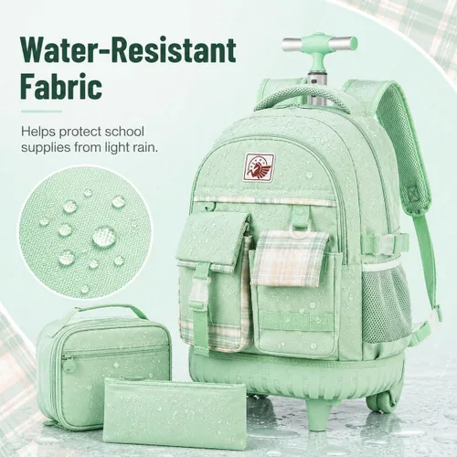 Vista 2 de Mochila con ruedas para mujer, bolsa de libros con ruedas, mochila escolar Juego de 3 piezas verde