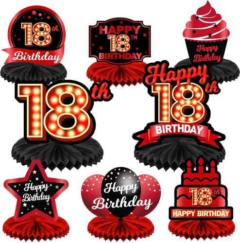 Vista 43 de Feliz 45 cumpleaños rojo y negro centros de mesa de panal de abeja decoraciones de globos decoración de mesa centros de mesa para niñas mujeres