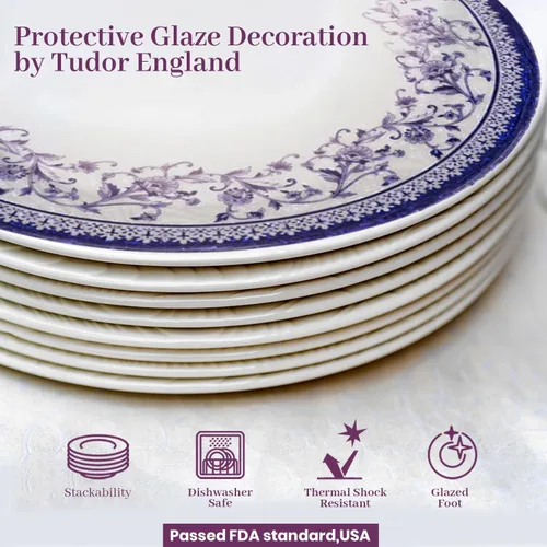 Vista 7 de TUDOR ROYAL - Juego de vajilla redonda de porcelana de 12 piezas, servicio para 4, diseño azul aster, multicolor floral, platos, tazones, tazas