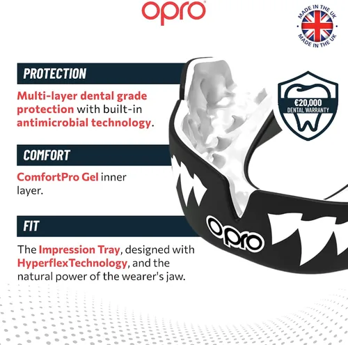 Vista 3 de OPRO Protector bucal instantáneo de ajuste personalizado, comodidad, protección y ajuste a nivel de dentista - Protector bucal moldeable para fútbol