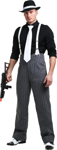 Vista 2 de Disfraz de mafia Underboss de talla grande para hombre, pantalones, tirantes y corbata