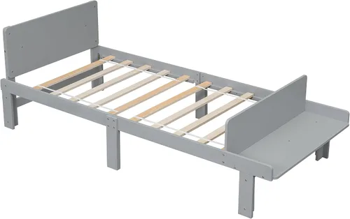 Vista 3 de Dolonm Marco de cama individual para niños con banco de estribo, gris, madera de pino, estilo moderno, no necesita somier