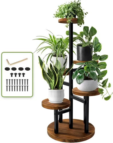 Vista 9 de AUGOSTA - Soporte para plantas de 3 niveles, estante alto de metal y madera para exhibición en interiores y exteriores, soporte para macetas