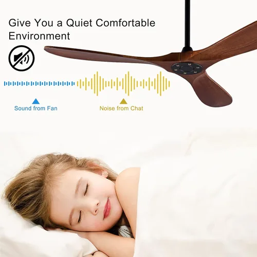 Vista 3 de Ventilador de techo sin luces de 42" con madera sólida, control remoto, 3 aspas y barras de extensión, motor DC, ventiladores de techo