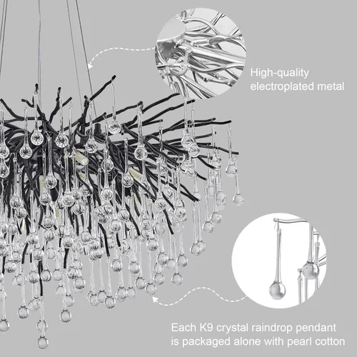 Vista 4 de Candelabro de cristal negro de 23.6 pulgadas, moderno colgante de techo de flores, iluminación colgante de rama de árbol, gota de lluvia, lámpara