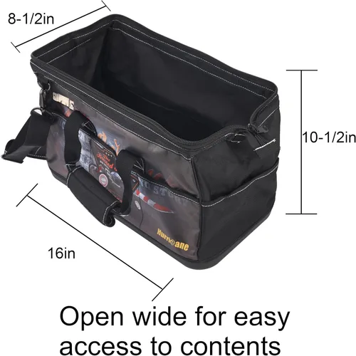 Vista 4 de Busted Knuckle Garage bolsa de herramientas portátil de 16 pulgadas con boca ancha, 21 bolsillos, gran espacio interior y base impermeable