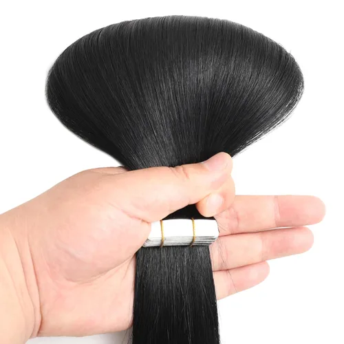 Vista 7 de Extensiones adhesivas de cabello humano de 24 pulgadas, color negro #1 Negro Azabache