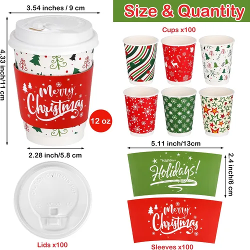 Vista 2 de Kochorie Juego de 100 tazas de café desechables de Navidad de 12 onzas con tapas de cúpula, papel desechable de Navidad, taza aislada extragruesa