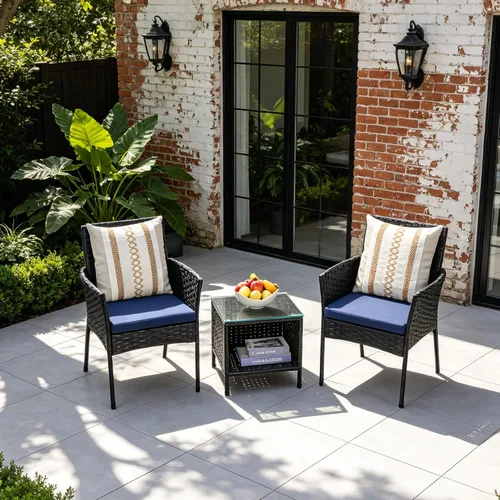 Vista 6 de 3 Piece Patio Furniture Set, Black Wicker Chairs with Blue Cushions Blue/Black