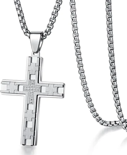 Vista 8 de Dowos Collar de cruz para hombre, collar de cruz para hombre, collar con colgante de cruz de acero inoxidable para hombres, regalos de joyería