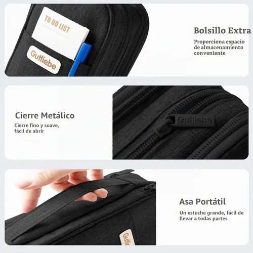 Vista 4 de Estuche grande para lápices, bolsa de gran capacidad con 4 compartimentos, múltiples bolsillos, bolsa de lápices portátil con cremallera Negro