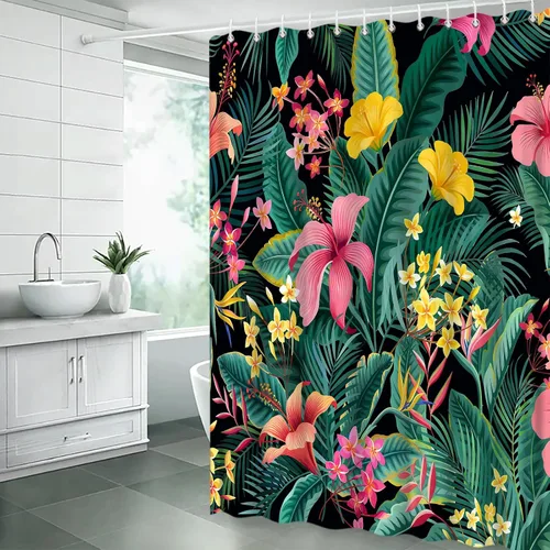 Vista 4 de Cortina de ducha con diseño floral de plantas tropicales, palmeras verdes, hojas de plátano, flores rosas, selva botánica, naturaleza, cortina
