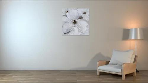 Vista 5 de SYGALLERIER Arte abstracto de pared de flores, pintura al óleo floral gris y blanca con adornos de lámina dorada, arte de pared de lienzo hecho a