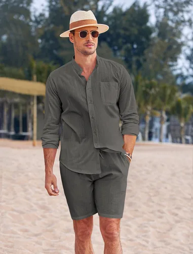 Vista 3 de COOFANDY Conjuntos de lino para hombre, 2 piezas, camisa de manga larga y pantalones cortos casuales con cordón en la cintura, trajes de verano
