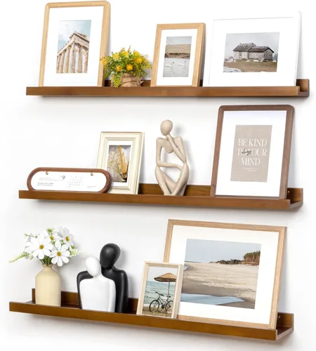 Vista 17 de FLYJOE Estante de repisa de fotos para pared, 24 pulgadas de madera de fresno maciza, estantes para libros de guardería, estantes flotantes