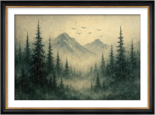 Vista 292 de MUDECOR Lienzo enmarcado prémium para pared, pinos nevados en bosque de invierno, ilustraciones modernas, arte contemporáneo, escénico, divertido