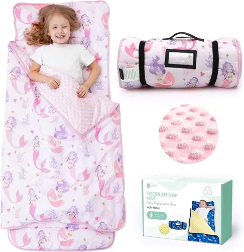 Vista 9 de ACRABROS Tapete para siesta para niños pequeños con almohada y manta, grandes alfombrillas enrolladas para siestas, bolsas de dormir para niños