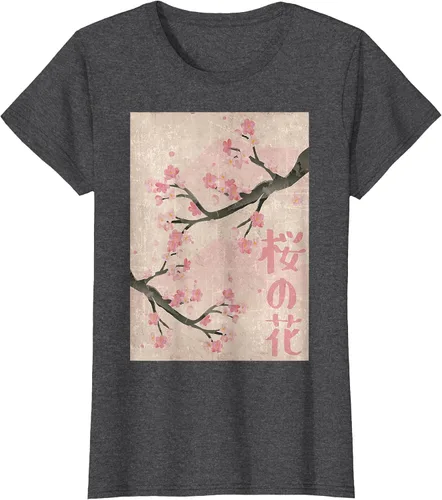 Vista 97 de Cherry Blossom Japanese Vintage Woodblock Japan Pink Sakura T-Shirt Asphalt Grey
