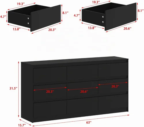 Vista 2 de Cómoda de 9 cajones para dormitorio con cajones profundos, cómodas grandes de piso de madera y cajoneras sin manijas, cómodas largas negras modernas