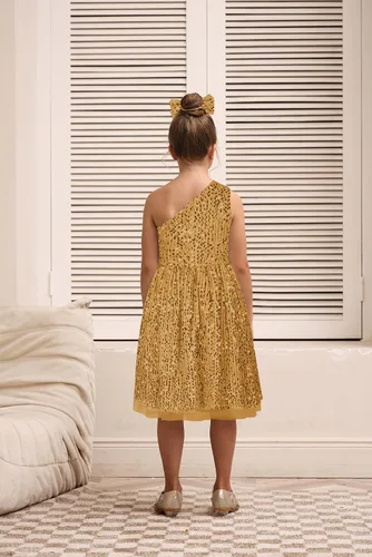 Vista 3 de GRACE KARIN Vestido de lentejuelas para niñas, vestido de fiesta brillante de un hombro con lazo para el cabello