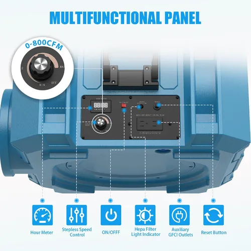 Vista 5 de Depurador de aire Hepa 800CFM con filtración de 4 etapas, máquina de aire negativo apilable, purificador de aire comercial con filtros