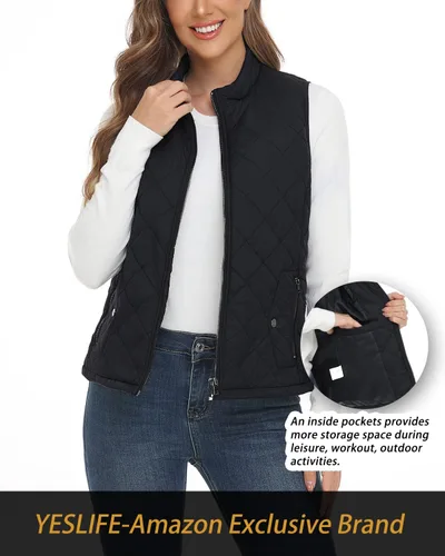 Vista 2 de YESLIFE 2025 Chaleco acolchado para mujer con un bolsillo interior - Chaleco ligero con cuello alto para mujer, Negro azulado., Grande
