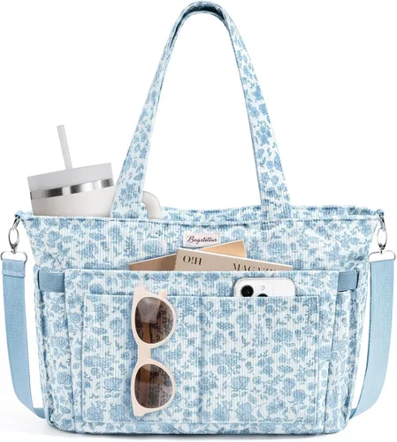 Vista 9 de Bolsa tote de pana para mujeres, 17 bolsillos para laptop de trabajo, ligera, para maestras, enfermeras, bolsa de hombro bíblica para escuela