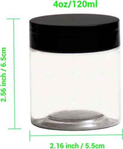 Vista 3 de Paquete de 12 tarros de plástico de 4 onzas, recipientes de almacenamiento transparentes de boca ancha con tapas negras, tarros de plástico