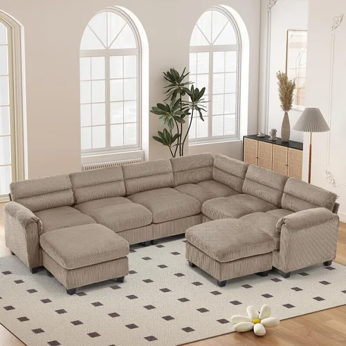 Vista 65 de HAOMARKETS Sofá esquinero modular en forma de L de 115 pulgadas con 2 otomanas móviles, sofás de pana de 8 plazas con cojín grueso para sala de Beige