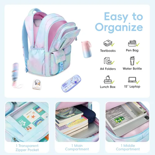Vista 6 de Tanou Mochila con lonchera para niñas, juego de mochila escolar kawaii para niños de escuela primaria, bolsa estética para computadora portátil