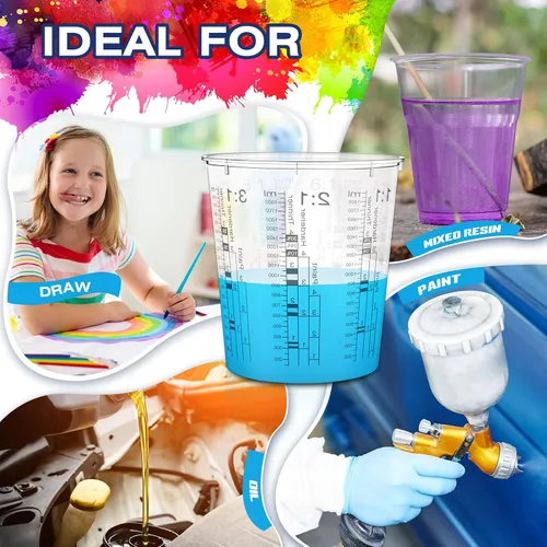 Vista 7 de 24 tazas medidoras de pintura de 64 onzas, 60.9 fl oz, tazas mezcladoras con graduados y 20 varillas de mezcla de pintura de plástico desechable