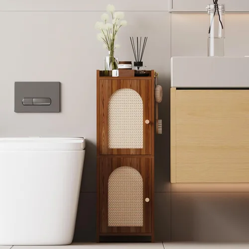 Vista 12 de Arbuxzuy Gabinete de almacenamiento de baño de ratán con 2 puertas y Ratán negro