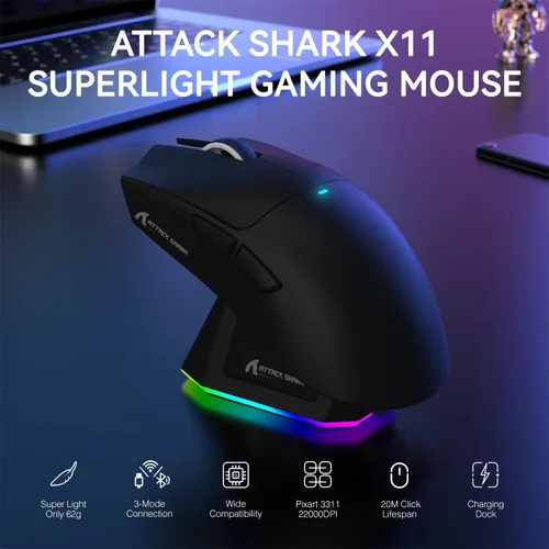 Vista 2 de ATTACK SHARK X11 Ratón inalámbrico ligero para juegos con base de carga RGB, Tri-Mode-2.4G/USB-C con cable/BT, 22K DPI, sensor óptico PAW3311