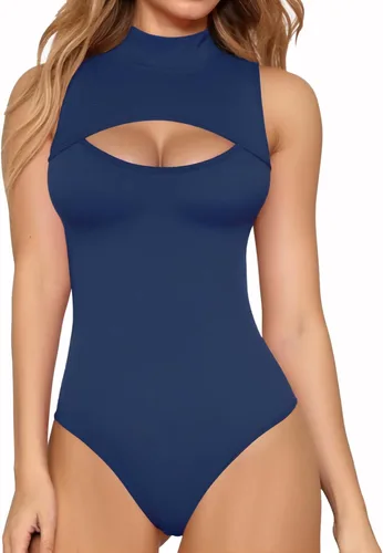 Vista 24 de MANGOPOP - Body de cuello alto con recorte frontal para mujer, manga larga, sin mangas, cuello de tortuga, trajes sexys 01 Manga larga negra